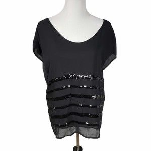 ANA A.N.A. Women's size Large Black w/ Sequins Sheer Short Sleeve Blouse